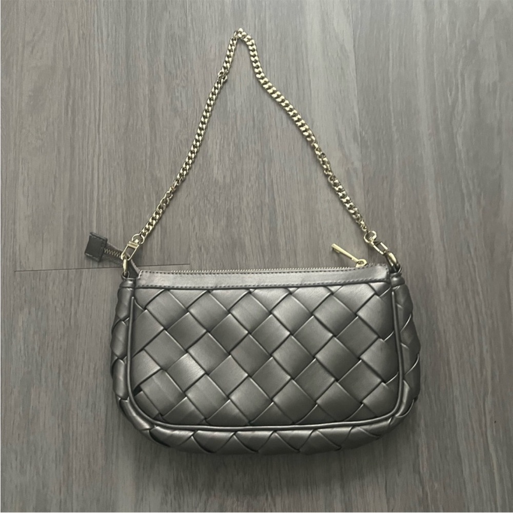 Jules Kae Metallic Silver Woven Shoulder Bag Gold Chain Clutch Purse Vegan Leath